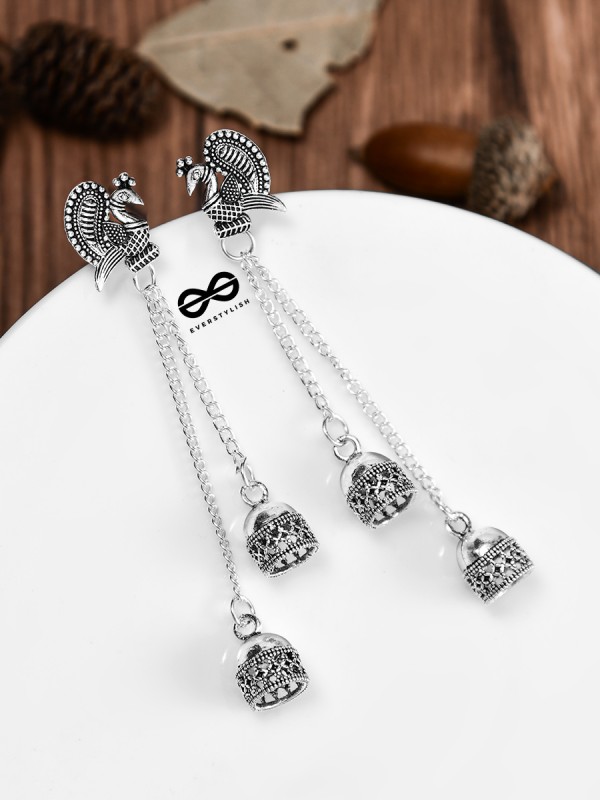 The Double Jhumki Intricate Peacock Danglers - Oxidised Boho Earrings