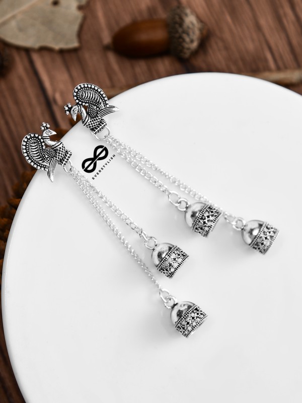The Double Jhumki Intricate Peacock Danglers - Oxidised Boho Earrings