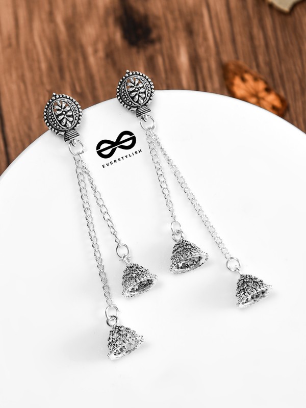 The Double Jhumki Motif Danglers - Oxidised Boho Earrings