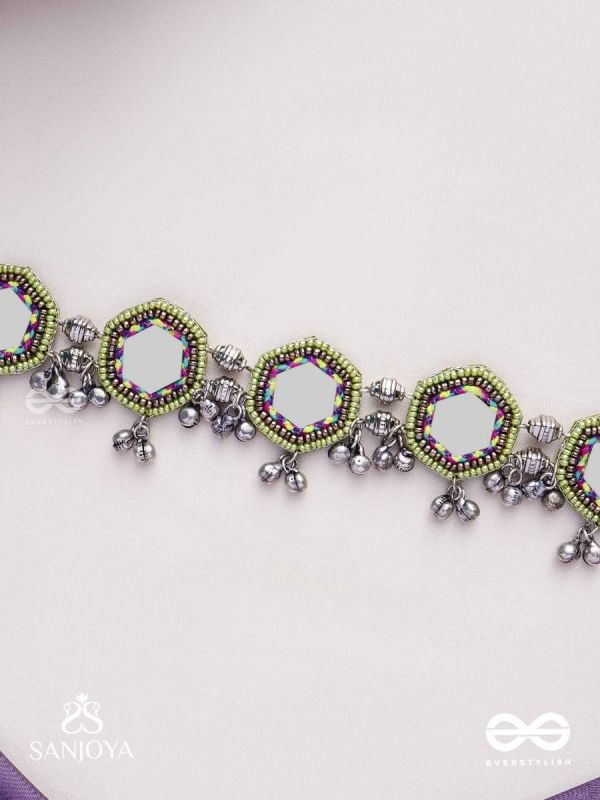 Chāyāmālā-Reflective choker- oxidized choker featuring intricate beadwork, mirrors, ghungroo (small bells), and thread details