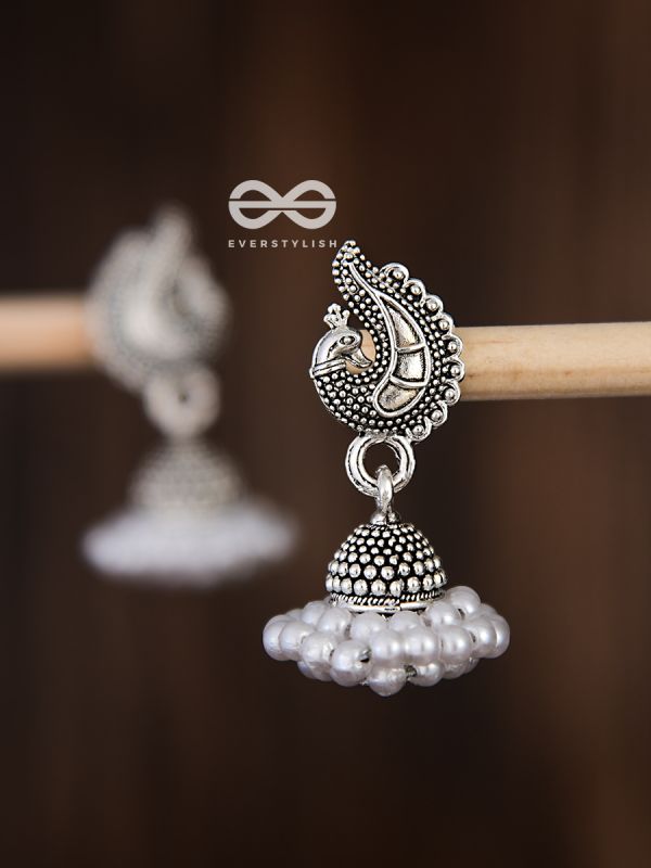 The Braided Pearl Peacock Jhumkis - Oxidised Boho Earrings