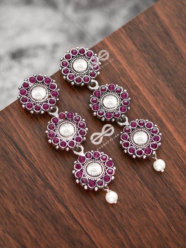 The Layered Boho Danglers (Ruby Red) - Embellished Oxidised Earrings