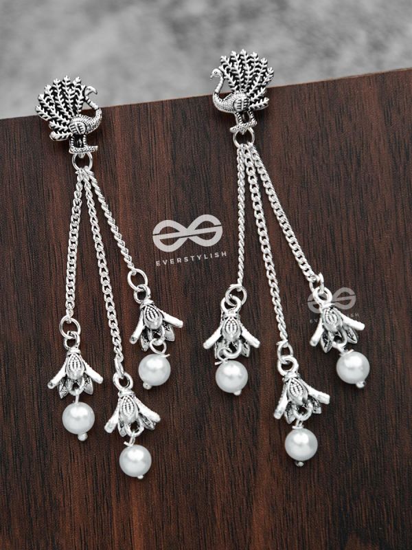 The Pristine Peacock Triple Pearl Jhumkis - Oxidised Boho Earrings