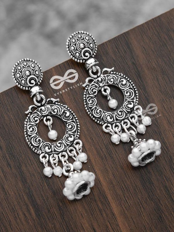 The Layered Pearl Motif Jhumkis - Oxidised Boho Earrings