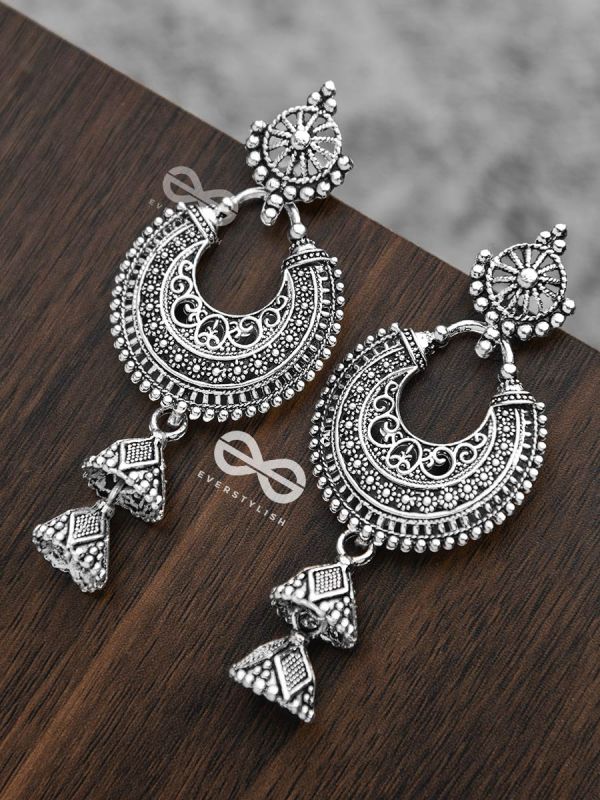 The Motif Moon Double Layered Jhumkis (Silver)