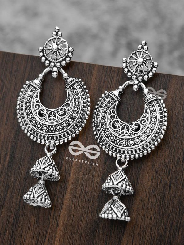 The Motif Moon Double Layered Jhumkis (Silver)