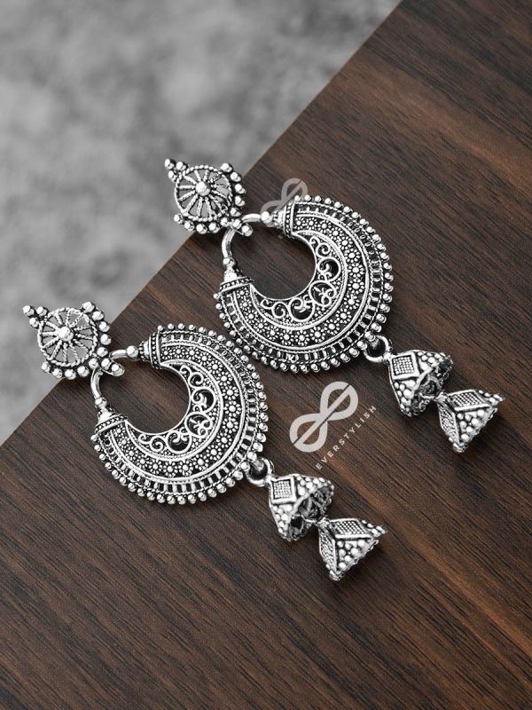 The Motif Moon Double Layered Jhumkis (Silver)