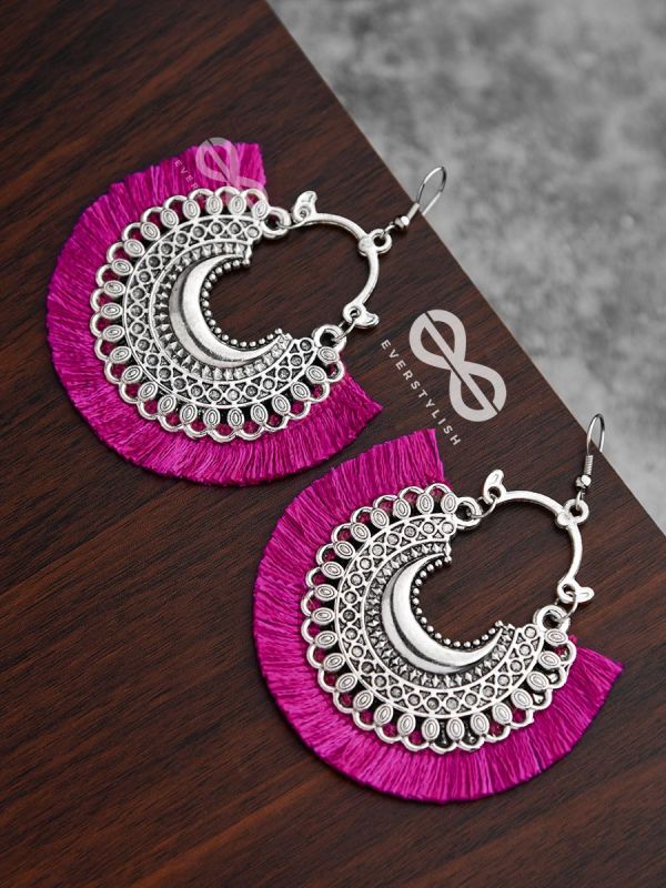 The Tasselled Motif Moons (fuchsia) - Oxidised Boho Earrings
