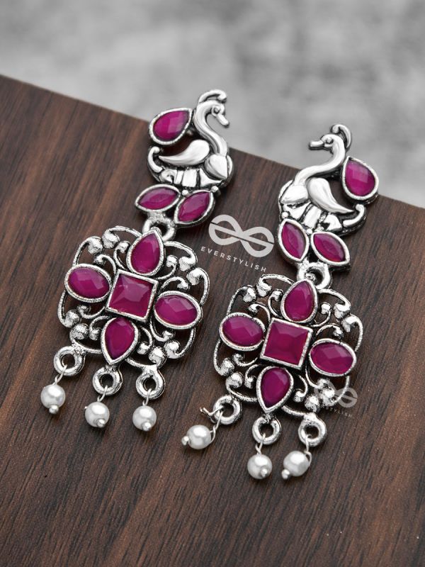 The Artsy Peacock Danglers (Ruby Red) - Embellished Oxidised Collection