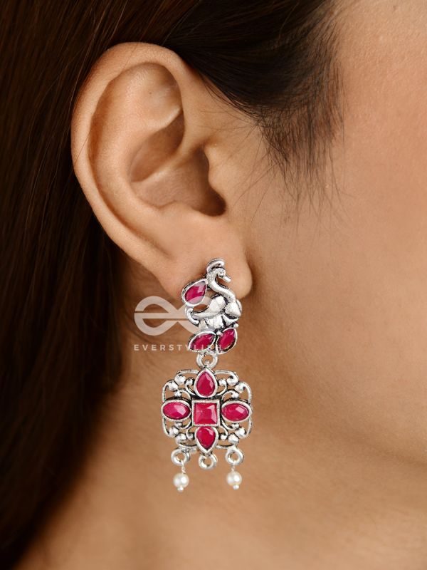 The Artsy Peacock Danglers (Ruby Red) - Embellished Oxidised Collection