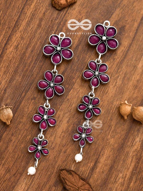 The Four Layered Dangling Floral Studs (Ruby Red) - Embellished Oxidised Collection