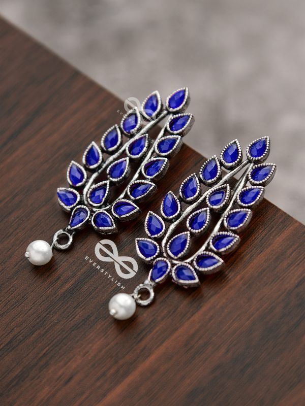 The Shimmering Leaves (Sapphire Blue)- Embellished Oxidised Earrings