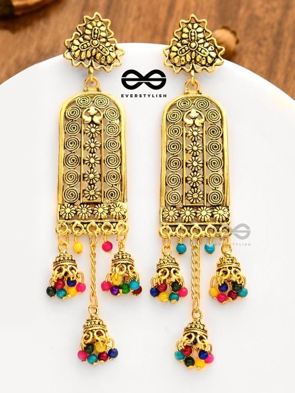 The Triple Jhumki Artistic Delight (Golden) - Oxidised Boho Earrings