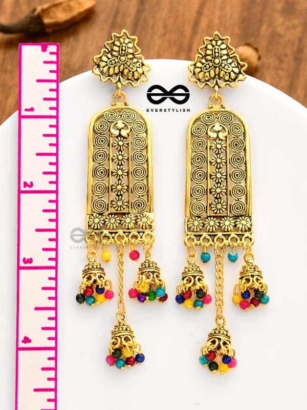 The Triple Jhumki Artistic Delight (Golden) - Oxidised Boho Earrings