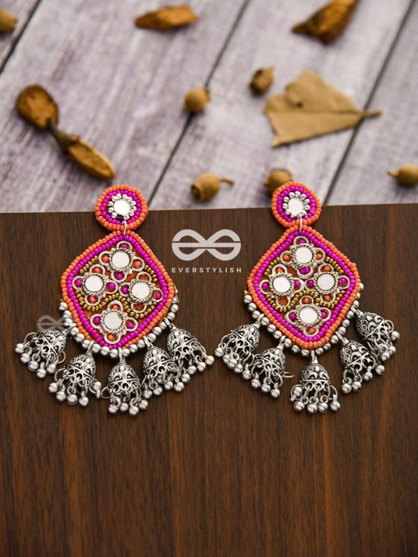 An Intricate Mirror Work Multi Jhumki Embroidered Earrings (Pink)