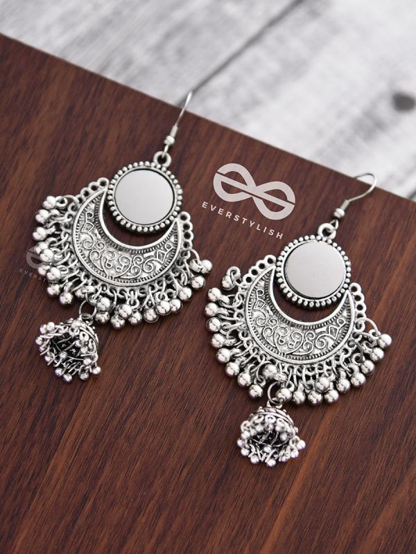 The Mirror Motif Jhumkis - Oxidised Boho Earrings
