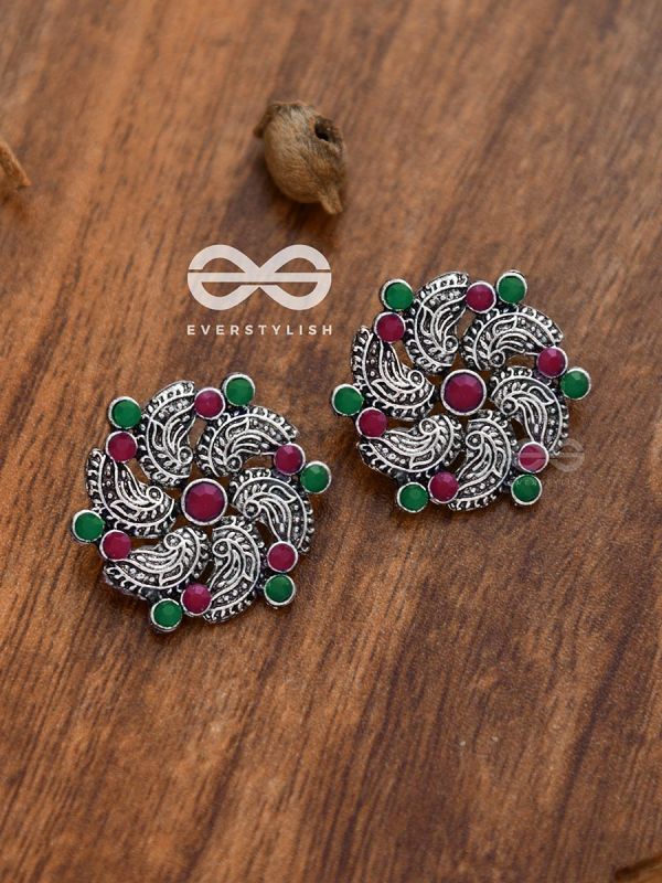 The Whimsical Whirlpools - Embellished Oxidised Studs (Ruby-Emerald)