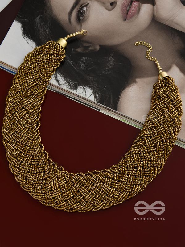 The Beauteous Braided Criss-Cross Beaded Necklace (Golden)