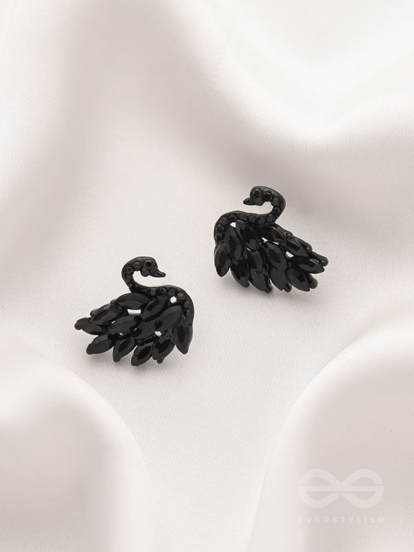 The Crystal Feathered Swans - Statement Embellished Studs - Black