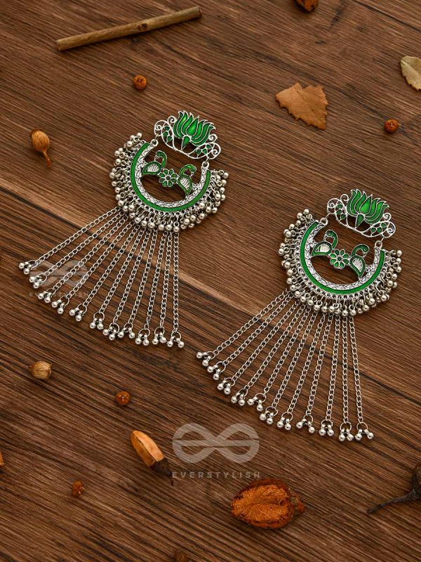 THE DANGLING BLOOMING LOTUS - STATEMENT MEENAKARI EARRINGS (FOREST GREEN)