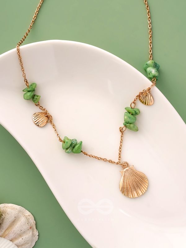 Shells N Pebbles- Golden And Olive Green Stone Necklace With Anti-Tarnish Coating 