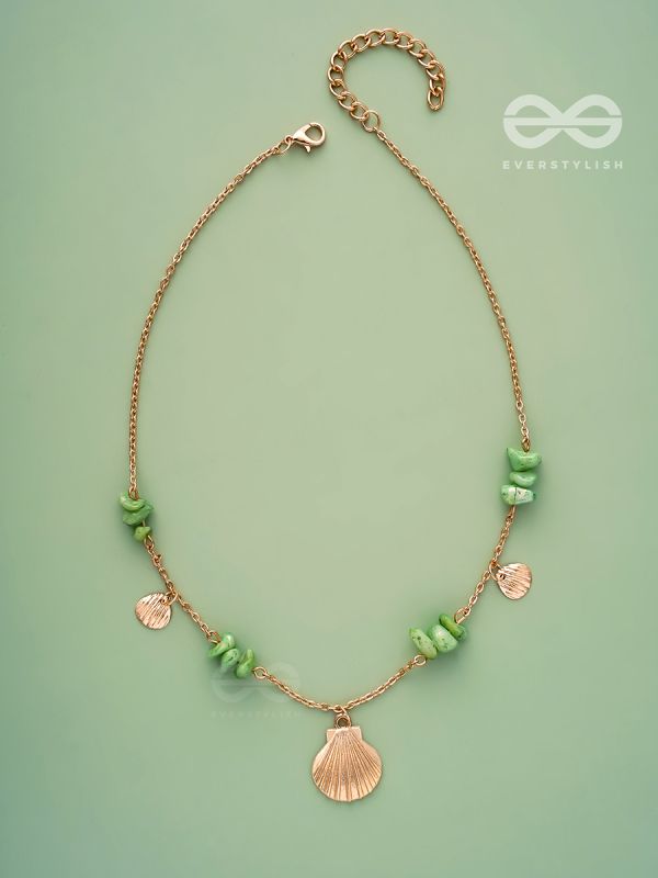 Shells N Pebbles- Golden And Olive Green Stone Necklace With Anti-Tarnish Coating 