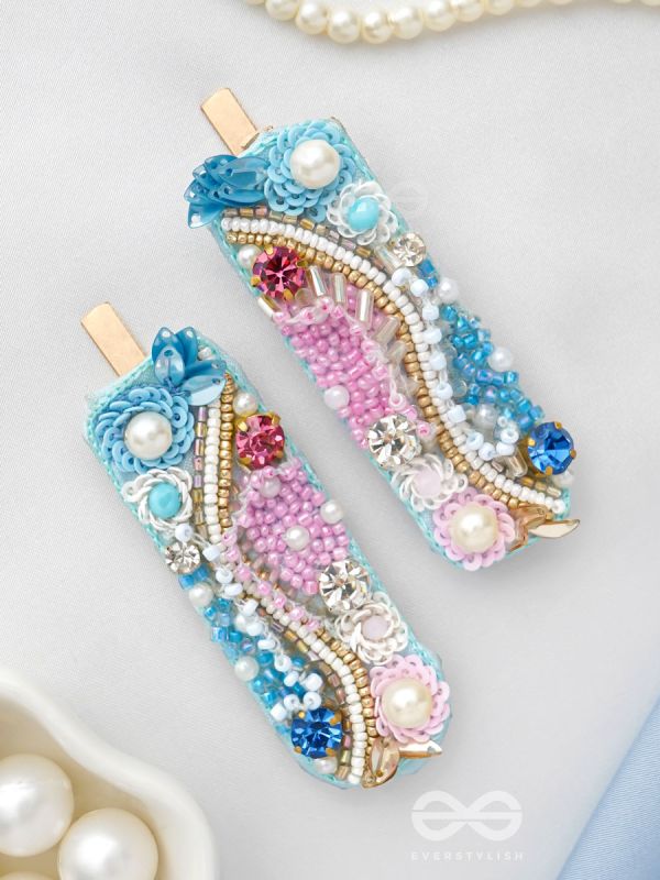 Velaam- Sea and Beach- Stones, Sequins and Beads Embroidered Hair Clips