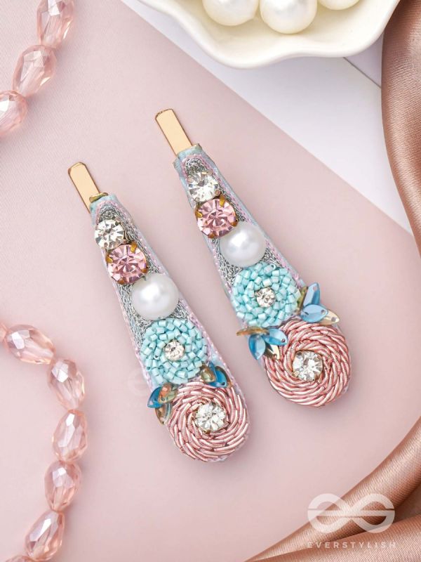 Kelivana - The Pleasant Garden - Stones, Dabka, Pearls And Sequins Hand Embroidered Hair Clips