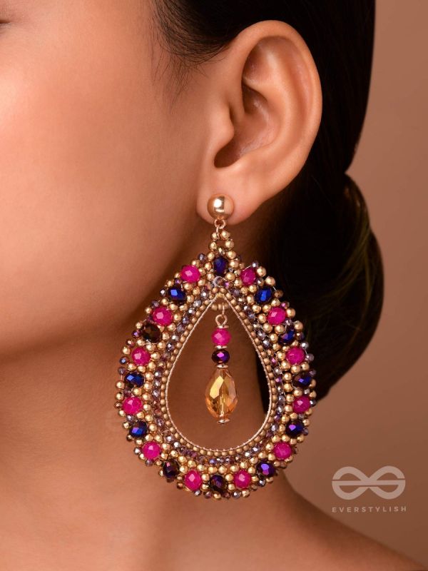 Vilobhanam - The Bittersweet Temptation - Golden Embellished Hand Embroidered Statement Earrings (Pink & Purple)