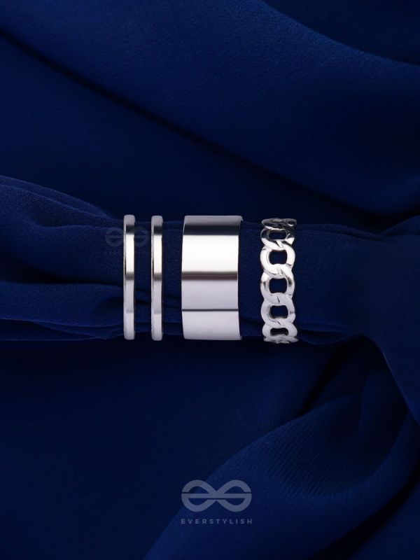 BANDS N CHAINS- SET OF 3 ADJUSTABLE SILVER RINGS