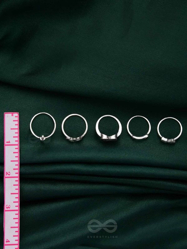 ALL ABOUT LOVE AND WAR - SET OF 5 SILVER RINGS