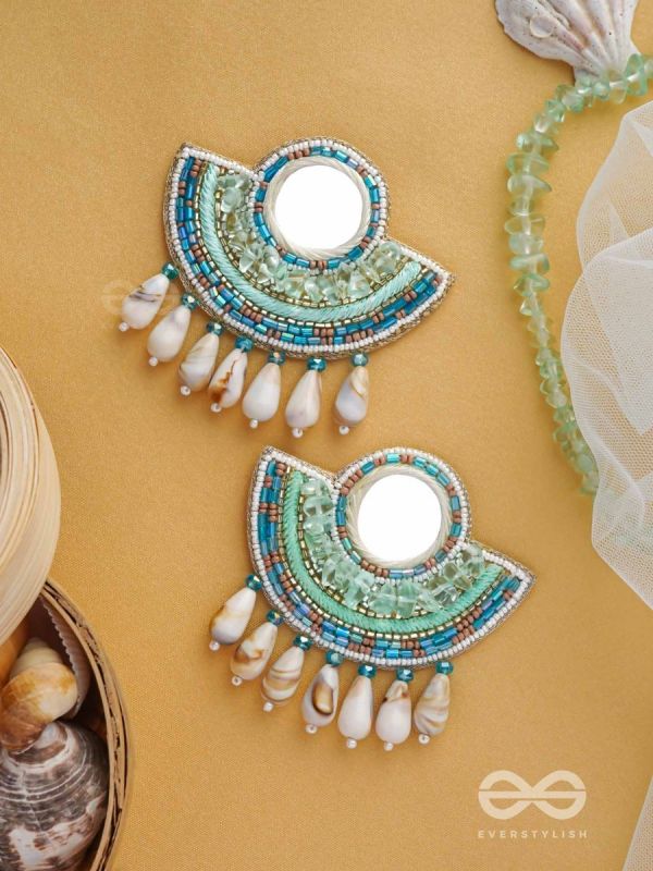 Sagarini - The Aquatic Gleam - Mirror, Sequins, Shell Drop And Beads Hand Embroidered Earrings (Blue)