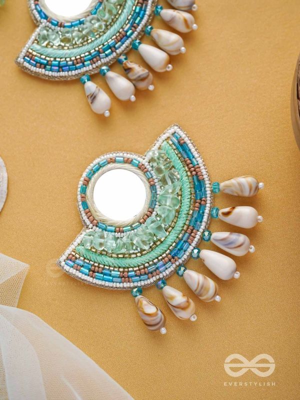 Sagarini - The Aquatic Gleam - Mirror, Sequins, Shell Drop And Beads Hand Embroidered Earrings (Blue)