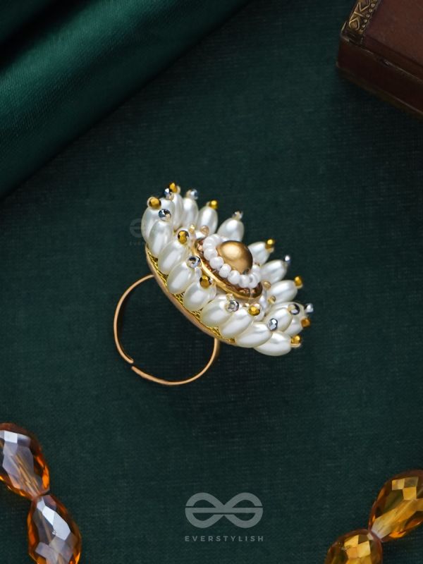 MOTISHOBHINI - THE PEARL RADIANCE - PEARLS AND BEADS EMBROIDERED RING (WHITE & GOLDEN)
