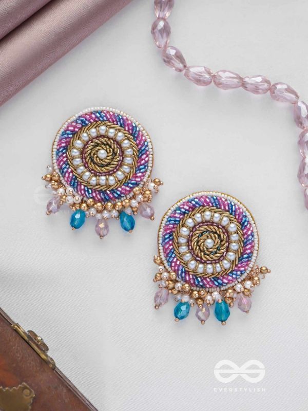 UDYATA- ROUNDABOUT RADIANCE - BEADS, PEARLS AND GLASS DROPS EMBROIDERED EARRINGS (MULTICOLOR)