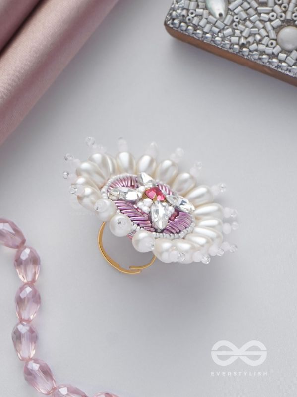 AGALITA - THE FLORAL UNVEILING- STONES AND PEARLS EMBROIDERED RING (PINK & WHITE)