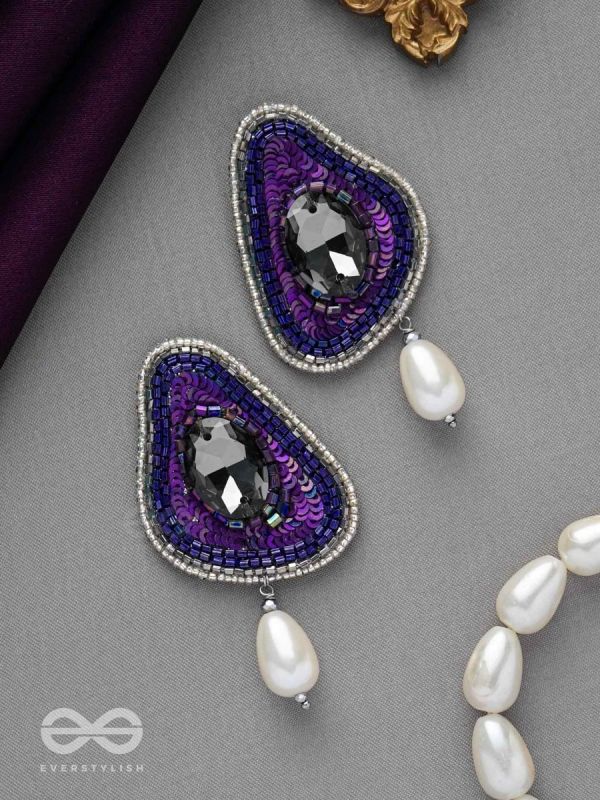 VIRUPATA - THE FREE SPIRITED - STONE, CUT DANA, SEQUINS AND PEARL DROP EMBROIDERED EARRINGS (PURPLE)