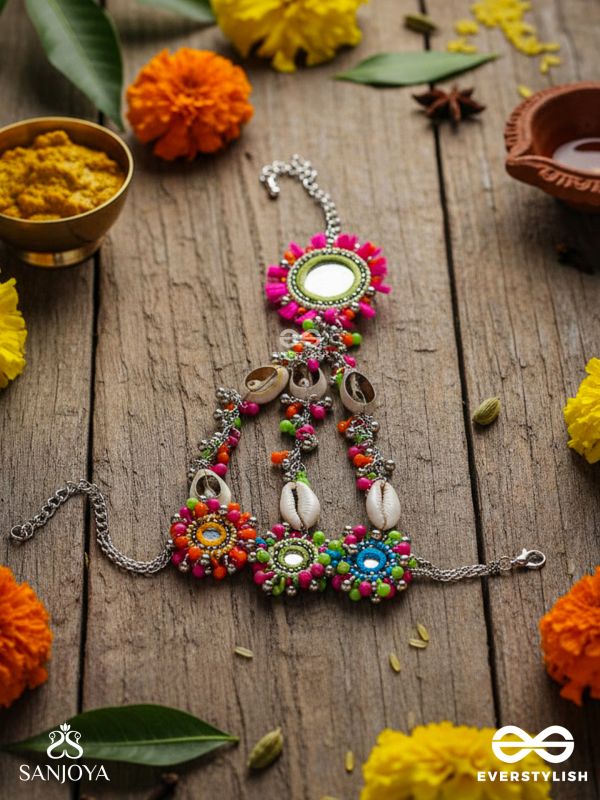 Sudarpana - Colorful Reflection - Resham, Shells And Beads Hand Embroidered Haathphool