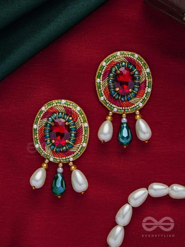 ARUNRATNA - THE RED GEM - BEADS, PEARLS AND STONE EMBROIDERED EARRINGS (MULTICOLOR)