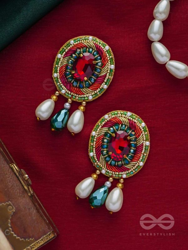 ARUNRATNA - THE RED GEM - BEADS, PEARLS AND STONE EMBROIDERED EARRINGS (MULTICOLOR)