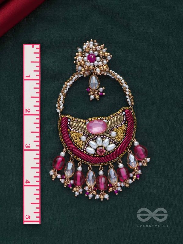 VILAKSANA - UNIQUE SPARKLING MOMENTS - STONE, BEADS, GLASS DROPS AND PEARLS EMBROIDERED EARRINGS (MAGENTA & GOLDEN)