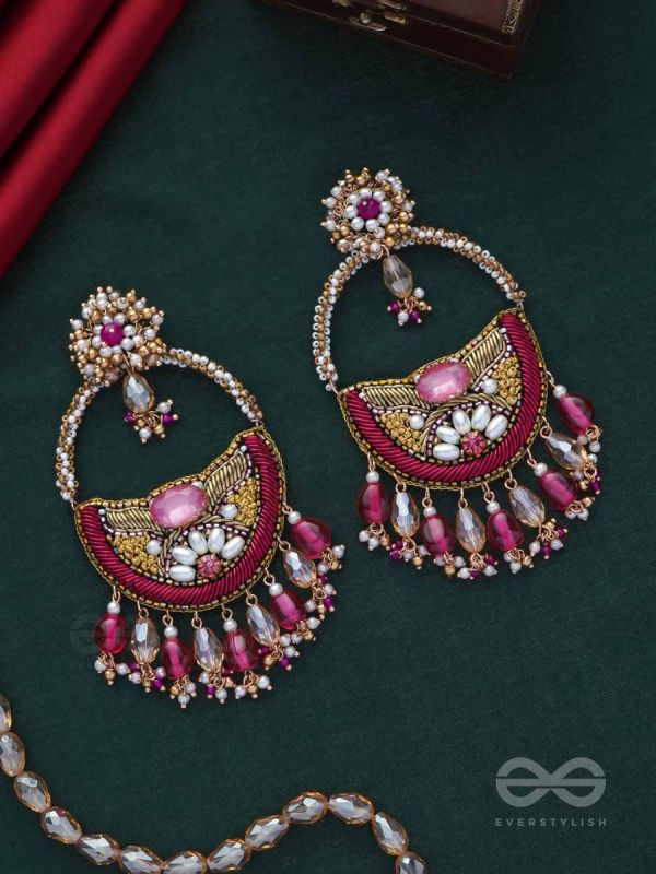 VILAKSANA - UNIQUE SPARKLING MOMENTS - STONE, BEADS, GLASS DROPS AND PEARLS EMBROIDERED EARRINGS (MAGENTA & GOLDEN)