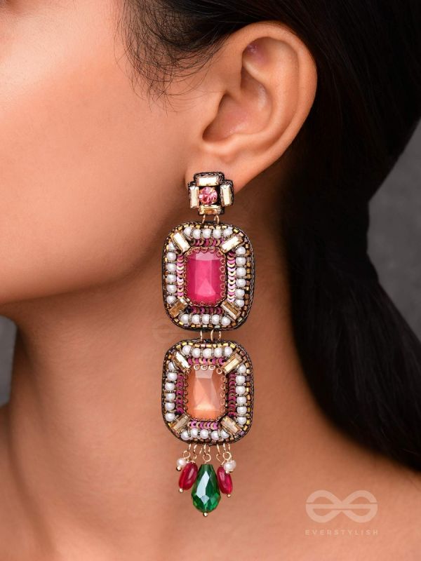 Ananyadharana - The Exclusive Adornment - Stones, Beads And Glass Drops Hand Embroidered Earrings