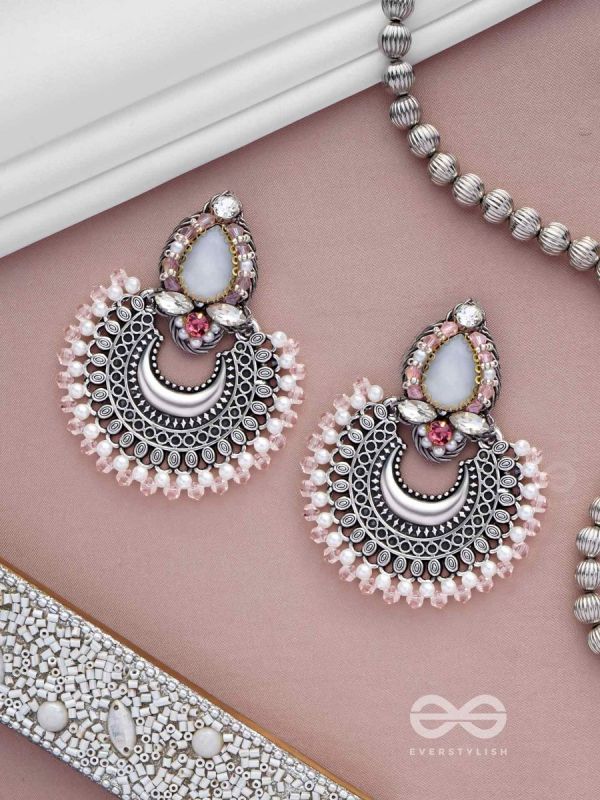 Chandrabhaas - Moon Like Appearance - Beads And Stones Hand Embroidered Oxidised Earrings