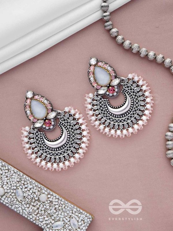 Chandrabhaas - Moon Like Appearance - Beads And Stones Hand Embroidered Oxidised Earrings