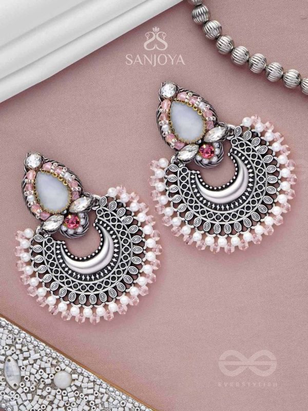 Chandrabhaas - Moon Like Appearance - Beads And Stones Hand Embroidered Oxidised Earrings