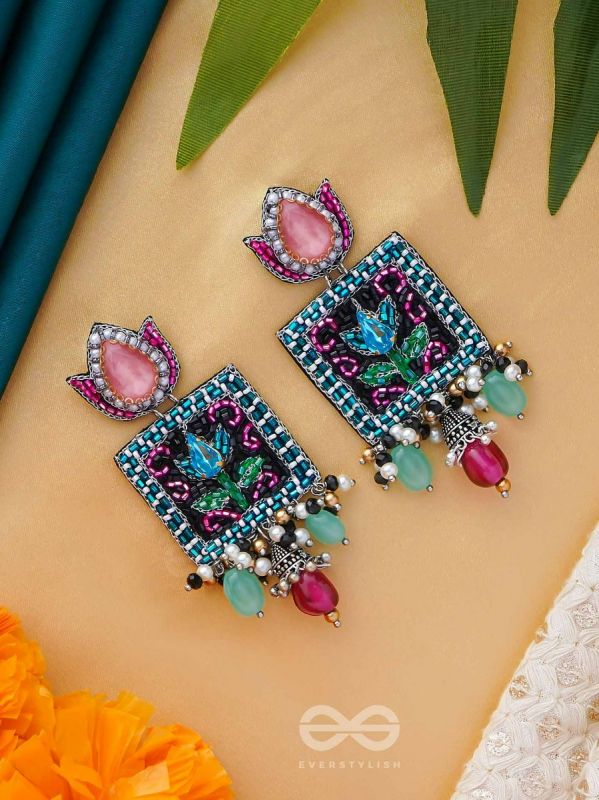 Dyuti - The Blooming Radiance - Stones, Cutdana And Beads Hand Embroidered Earrings (Multicolor)