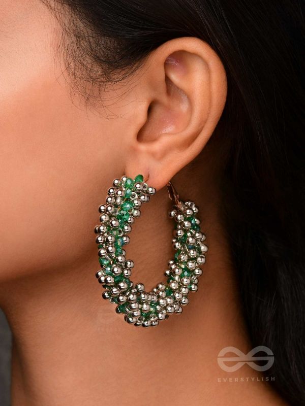 THE MISTLETOE MARVELS - BEADED HOOP EARRINGS (SILVER AND GREEN)
