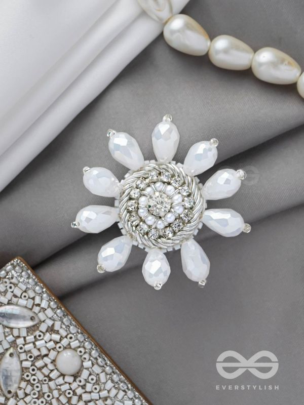 Tejovat - Glimmering White Brilliance - Stone, Beads And Glass Drops Hand Embroidered Ring (Adjustable)