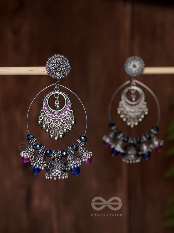  DUSKY SKYLINE ELEGANCE - STATEMENT EMBELLISHED OXIDISED JHUMKA EARRINGS